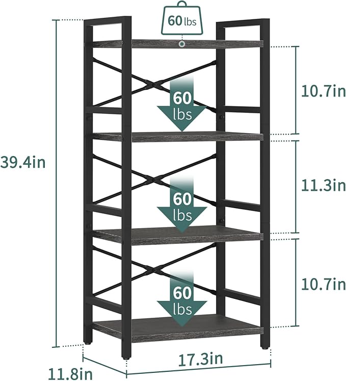 Yoobure 4 Tier Bookshelf - Small Book Shelf Industrial Bookcase, Narrow Book Case Book Storage Organizer for CD/Movie/Book, Bookshelves for Bedroom Office Living Room Charcoal Gray