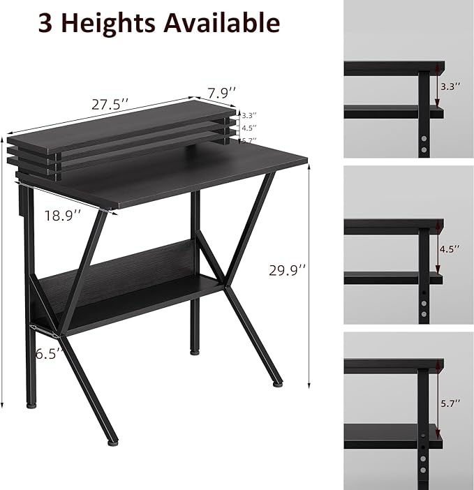 COTUBLR Small Desk, 27.5 Inch Small Computer Desk for Small Spaces, Computer Desk with Adjustable Monitor Stand, Compact Desk with Storage, Tiny Desk Study Desk for Bedroom Home Office, Black