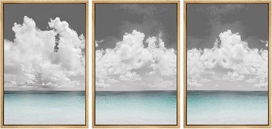 SIGNWIN 3 Piece Framed Canvas Wall Art Clouds Above The Blue Ocean Nature Wilderness Illustrations Abstract Traditional Relax/Calm Home Artwork Decoration for Living Room,Bedroom - 16"x24"x3 Natural