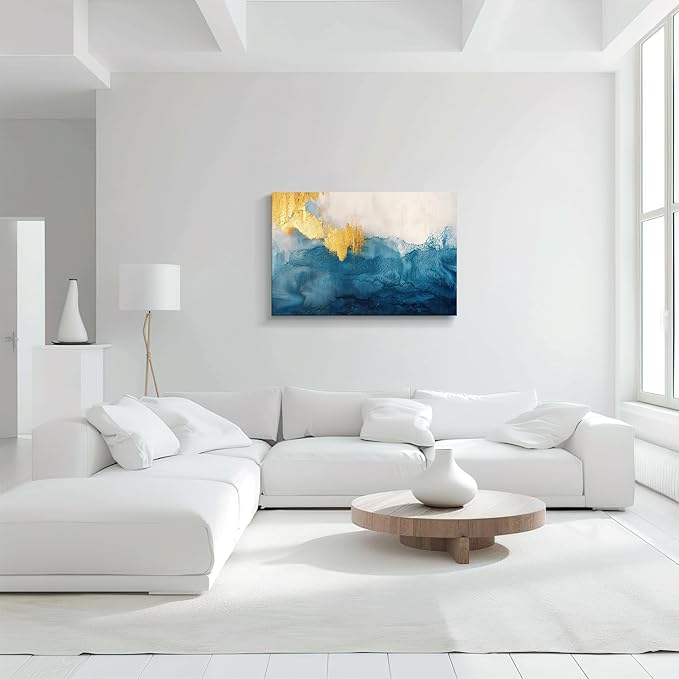 gaosoul Modern Canvas Wall Art Blue Gold Leaf Abstract Painting Prints Minimalism White and Light Blue Tranquility Poster for Living Room Bedroom Office Decor Framed 36x24in