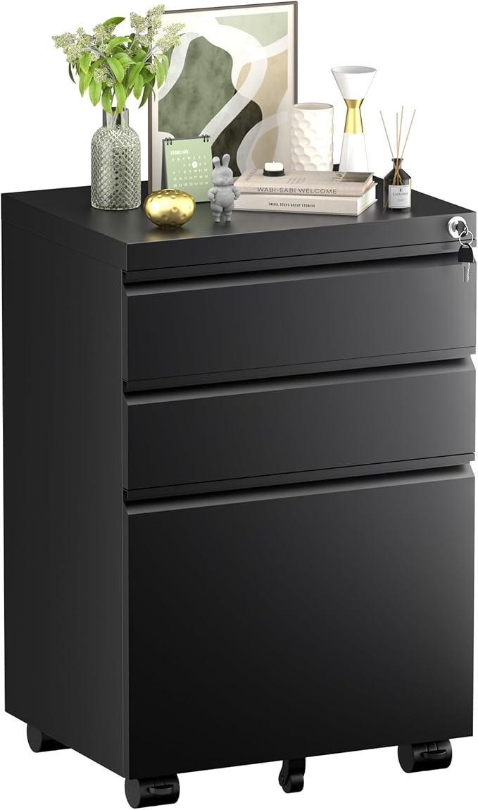 Oakcloud 3 Drawer Mobile File Cabinet for Home Office, Roller Metal Vertical File Storage for A4/F4/Letter/Legal Size, Easy Assemble (Mobile-Black)