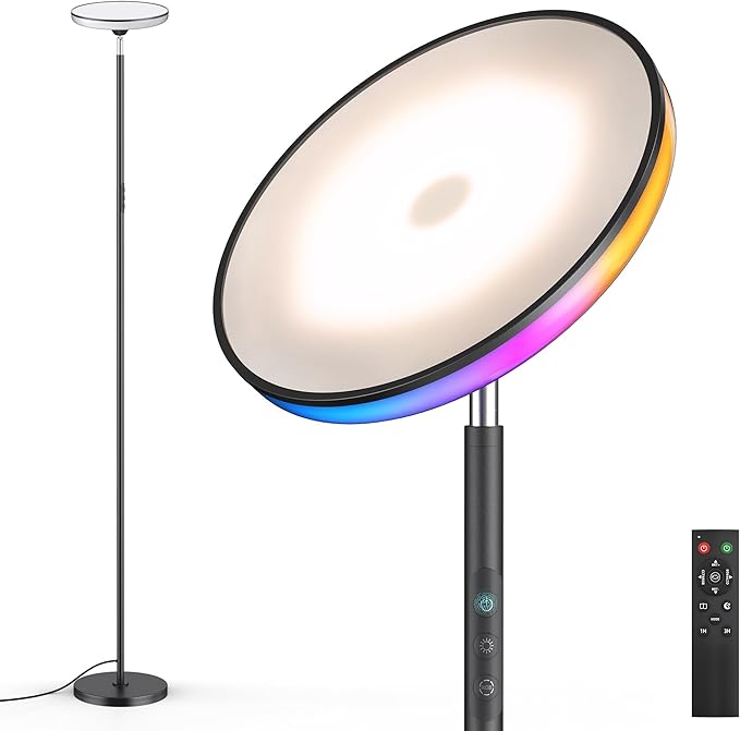 UFO LED Torchiere Floor Lamp with RGB Ambient Light, 42W 3700LM Bright Dimmable Sky Lamp,71in Modern Tall Standing Lamp with Remote Touch Control&Timer,for Living Room Bedroom Office Gaming Room,Black
