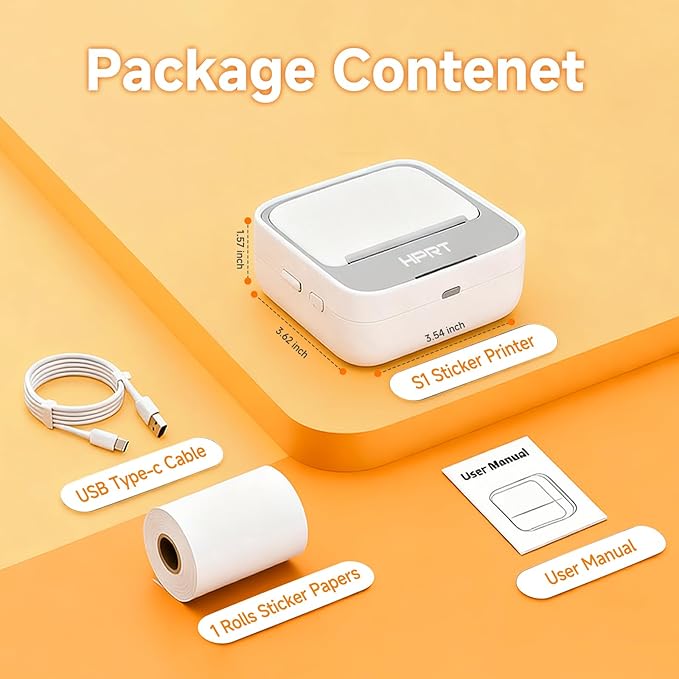 HPRT Sticker Printer, S1 Mini Portable Thermal Mini Inkless Label Printer with bluetooth Stable Connection & Clear Printing for Notes, Journal, Home, Office, Kids, DIY Free App with Multiple Templates