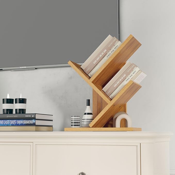 YMYNY 2 Tier Tree Bookshelf, Small Bookcase, Modern Wood Book Storage Rack Organizer, Freestanding Book Shelf for Books/Movies/CDs, Display Rack for Bedroom, Home Office, Natural UHBC012N