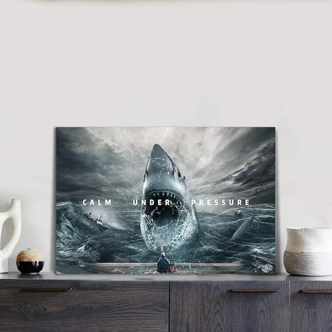 Motivational Wall Art Calm Under Pressure Inspirational Wall Decor Artwork Sharks and Angler Pictures Print Posters Stretched by Wooden Framed for Living Room Home Office Decor - 18”Hx24”W