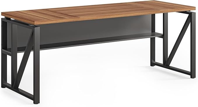 LITTLE TREE 63-Inch Executive Office Desk, Large Computer Desk with Storage Shelf, Executive Desk with Metal Frame, Study Writing Desk Work Station for Home Office, Brown + Black