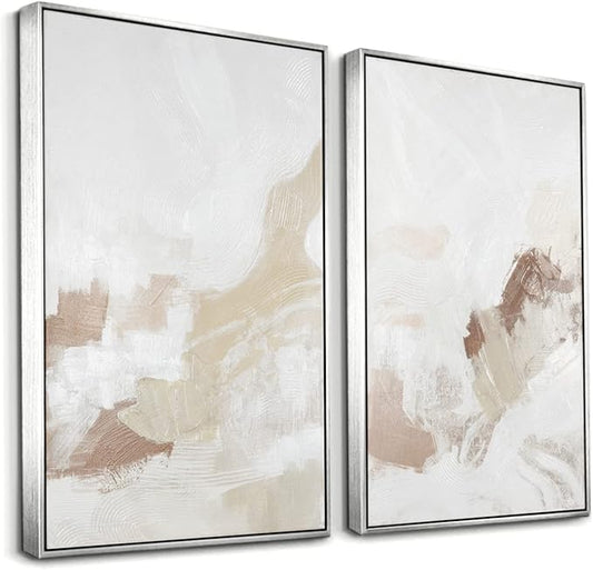 Framed Neutral Abstract Wall Art Set - Pastel Duotone Tan and White Abstract Illustrations Modern Wall Art Decorative Contemporary for Living Room, Bedroom, Office - 16"x24"x2