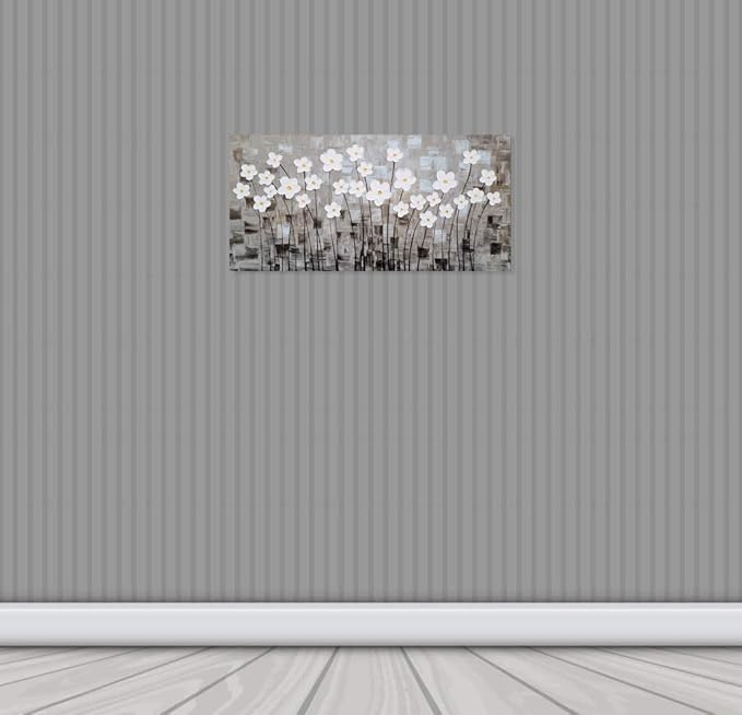Yihui Arts Hand-Painted Textured White Floral Artwork on Gray Abstract Background - Modern 3D Flower Oil Painting for Living Room, Bedroom, Home Decor