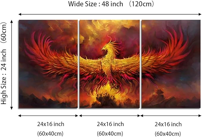 Yetaryy Fantasy Wall Art Canvas Prints Golden Red Burning Phoenix Volcanic Ancient Mystic Animal Birds Living Room Bedroom Home Decor Wall Decoration 3 Panels Wood Framed Poster - 48" W x 24" H
