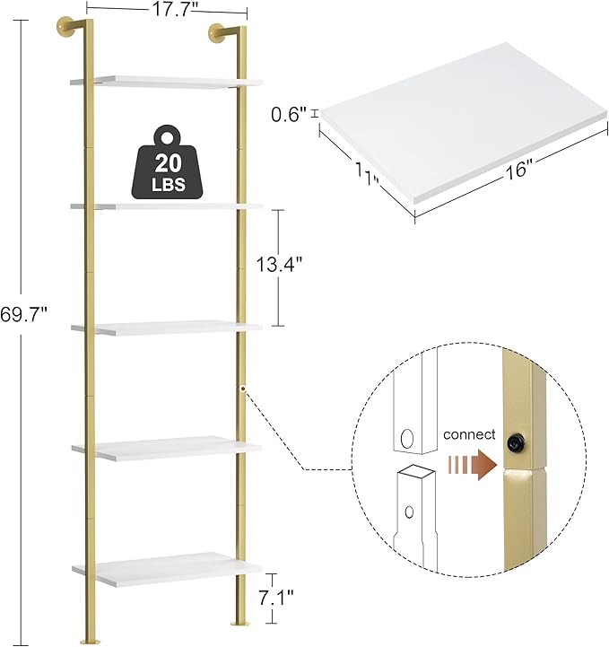 5-Tier Bookshelf Solid Wood Ladder Shelf, Narrow Book Shelf Display Shelf, Wooden Bookcase, Wall Mount Ladder Shelf, Storage Rack for Living Room, Bedroom, Bathroom, White and Gold