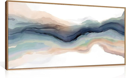 HLNIUC Navy Blue Abstract Framed Canvas Wall Art, Watercolor Wave Line Horizontal Wall Decor, Long Teal Orange Coastal Artwork(40"x20"), Large Neutral Modern Prints for Living Room, Bedroom, Office