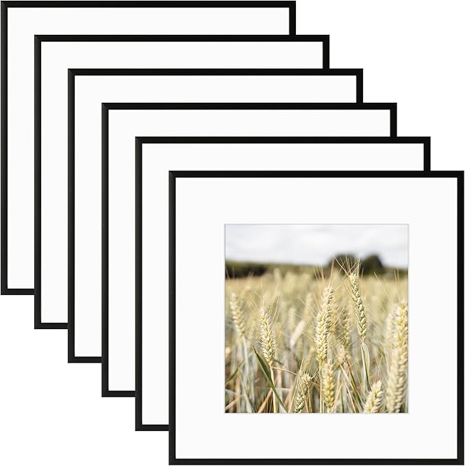 Golden State Art, Gallery Wall Frame Set of 6 - Black 12x12 Aluminum Photo Frames with Mat for 8x8 Pictures - 12 x 12 inch Metal Frame with Real Glass Cover - Elegant Home or Office Decor