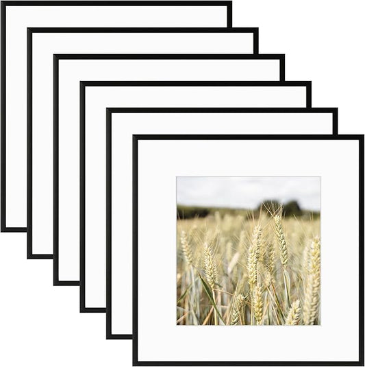 Golden State Art, Gallery Wall Frame Set of 6 - Black 12x12 Aluminum Photo Frames with Mat for 8x8 Pictures - 12 x 12 inch Metal Frame with Real Glass Cover - Elegant Home or Office Decor