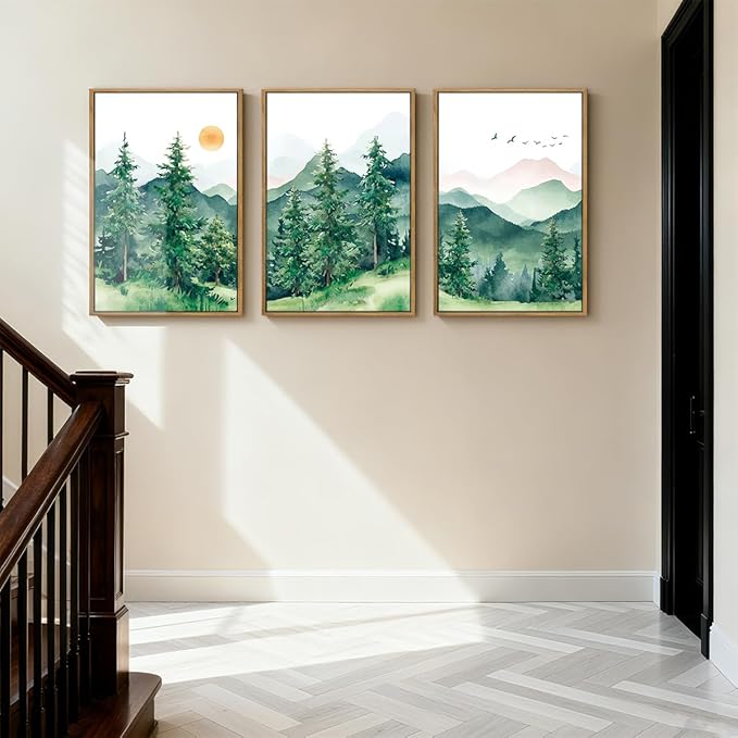 ANHUIB Extra Large Forest Wall Art Green Mountain Wall Decor Set of 3 for Living Room Bedroom Dining Room 24x36 Inch