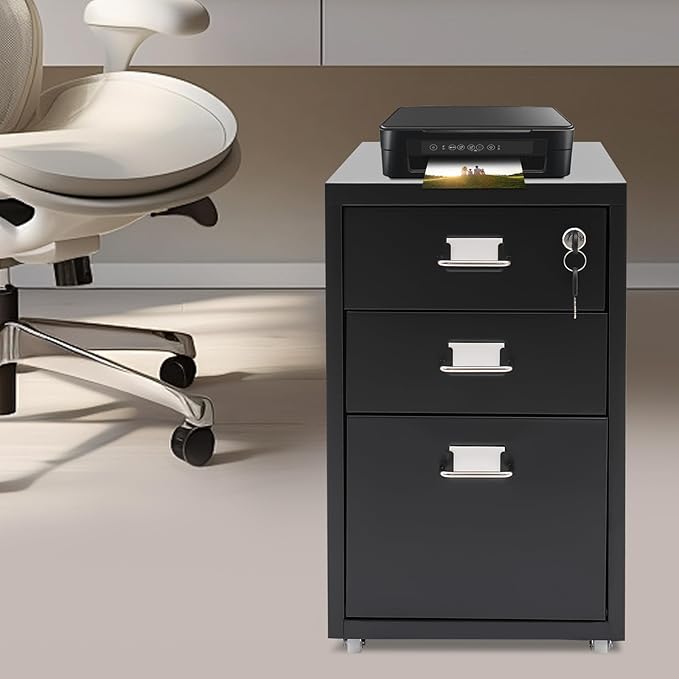 3-Drawer Vertical File Cabinet, 11*16*18.3in Rolling File Cabinet, Mobile Organizer Storage Cabinet with Lock, Office Filing Storage Cabinet Under Desk fits A4 Size, for Home Office (Black)