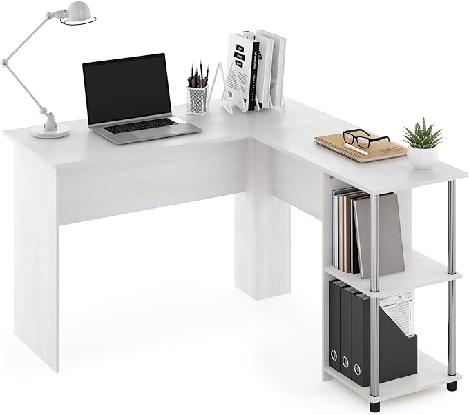 Furinno Abbott L-Shape Computer Desk with Stainless Steel Tubes Bookshelf, White Oak/Chrome