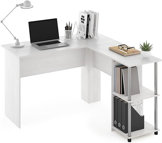 Furinno Abbott L-Shape Computer Desk with Stainless Steel Tubes Bookshelf, White Oak/Chrome