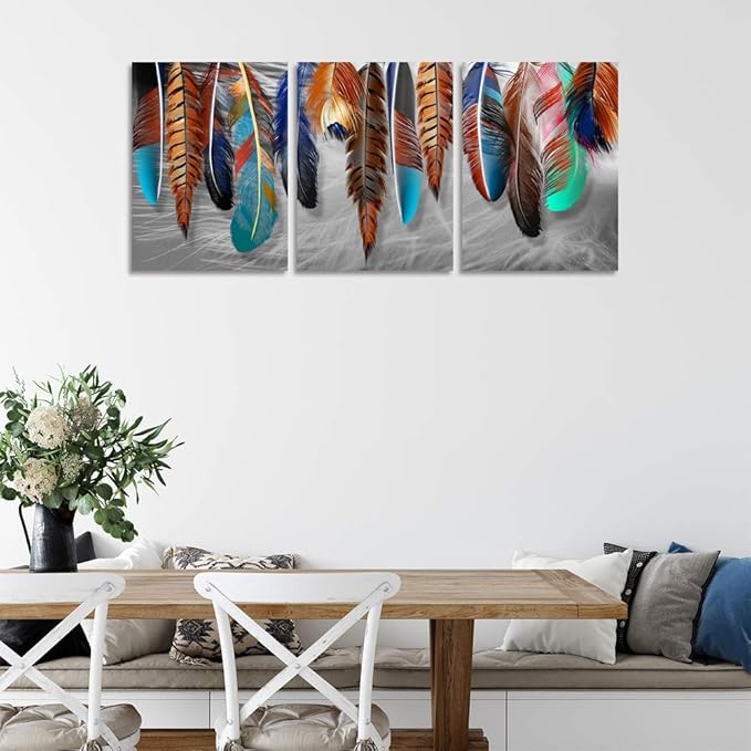 Colorful Feather Poster Prtins Decor Modern Gray Background Picture Wall Art 3 Pieces Canvas Painting Artwork Decoration Home Office Decor for Living Room Bedroom - 48" Wx24 H