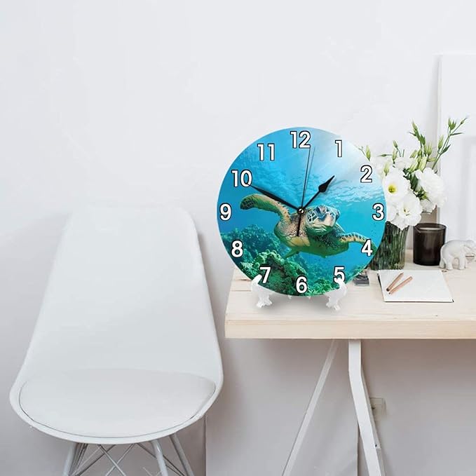 Sea Turtle Wall Clock Battery Operated Silent Non Ticking Round Clock Wall Decor for Home Kitchen Living Room 9.8 Inch