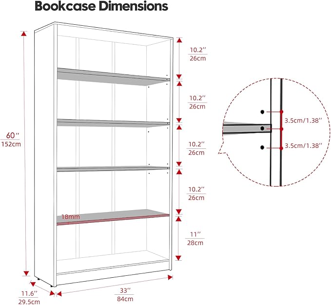 Bookcase Adjustable Storage Shelves,5-Tier Modern Wood Bookcase for Bedroom,60-Inch Bookshelf, Office, Living Room & Library(Grey)