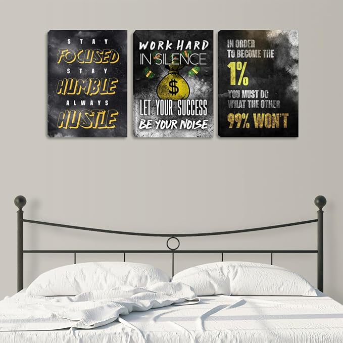 3 Piece Inspirational Wall Art Large Motivational Hustle Canvas Wall Art Success Wall Decor Office Wall Art Quote Wall Art Inspiring Framed Wall Decor for Bedroom Office(60''Wx28''H)