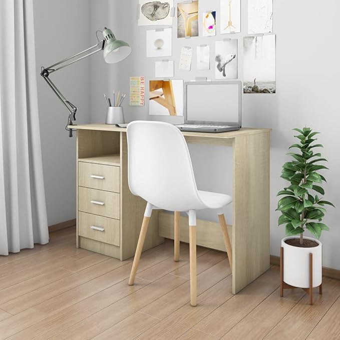 Modern Writing Computer Desk with 3 Drawers, Home Office Desk Writing Study Table PC Desk Workstation for Bedroom, Sonoma Oak 43.3"x19.7"x29.9" Engineered Wood(I)