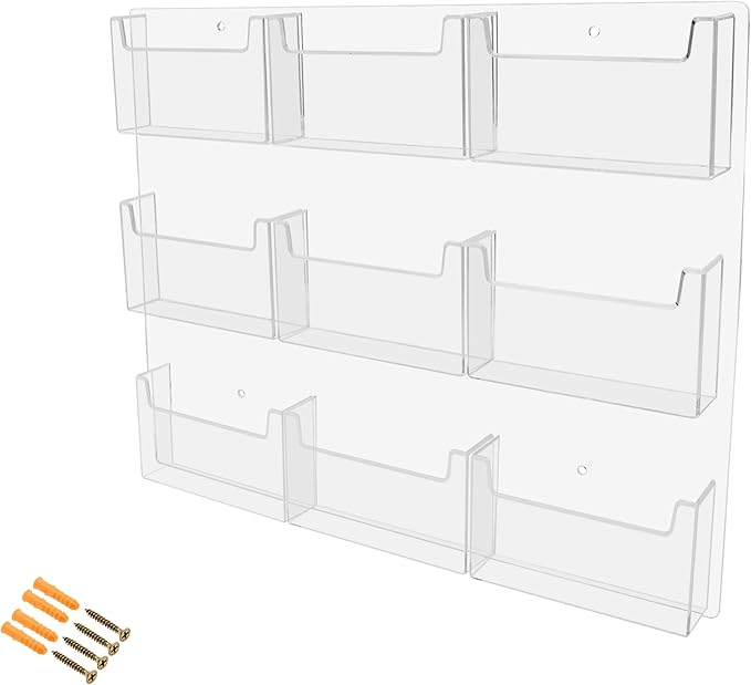 Marketing Holders Post Card Holder Acrylic 9 Pockets Holds 6" Printed Media Hanging Hardware Included Use at Travel Centers Real Estate Offices Hotels Resorts Convention Centers Eye Catching Clear
