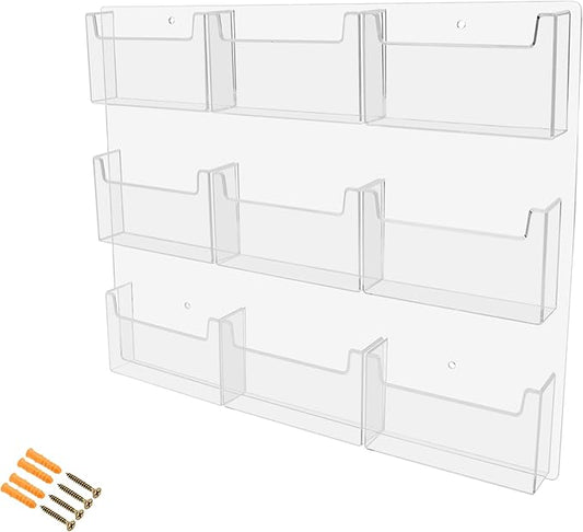 Marketing Holders Post Card Holder Acrylic 9 Pockets Holds 6" Printed Media Hanging Hardware Included Use at Travel Centers Real Estate Offices Hotels Resorts Convention Centers Eye Catching Clear