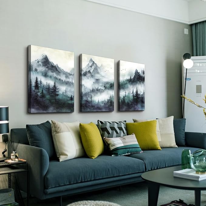 TTHYUEWS Canvas Wall Decor For Bedroom & Living Room - Modern Office Decoration - Misty & Fog Mountain Forest Wall Painting Landscape - 3 Piece, 16"X24"