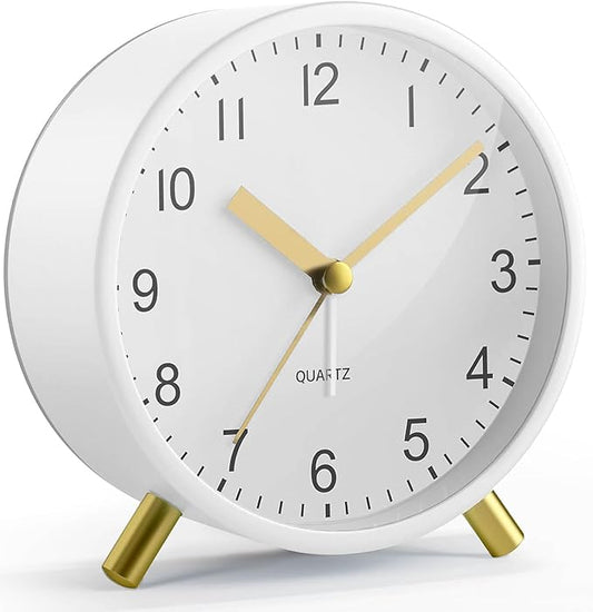 Analog Alarm Clock, Super Silent Non Ticking with Night Light, Battery Operated, Bedroom Clock,Fashionable Round Metal Alarm Clock for Office, Elderly, Adults, Children, School Gift