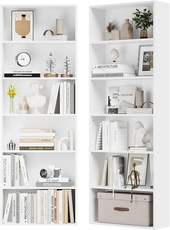 MXV Bookshelf Set of 2, 6 Tier Bookcase, Book Shelf Open Storage Organization, Floor Standing Display Bookshelves and Office Storage Stand for Living Room, Home Office, Dinning Room, White