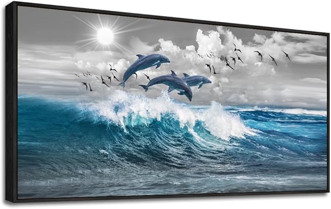 Black Framed Wall Decor For Living Room Large Size Canvas Wall Art For Bedroom Blue Waves Of The Sea Pictures Artwork Office Decorations Canvas Art Print Dolphins Wall Paintings Ready To Hang