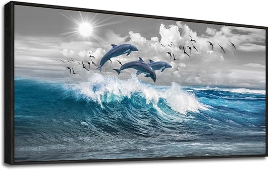 Black Framed Wall Decor For Living Room Large Size Canvas Wall Art For Bedroom Blue Waves Of The Sea Pictures Artwork Office Decorations Canvas Art Print Dolphins Wall Paintings Ready To Hang