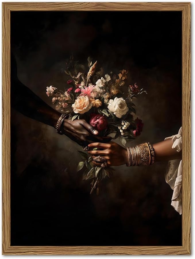 Framed Black Love Floral Wall Art, African American Couple Canvas Wall Decor Prints, Dark Romantic Holding Flowers Paintings Pictures Moody Home Decor Aesthetic for Living Room Bedroom 16x24 inch