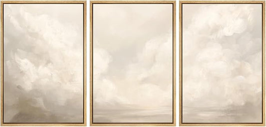 MUDECOR Framed Wall Art Print Set Neutral Cloudscape Soft Beige Abstract Sky Illustrations Modern Art Boho Decorative Colorful Chic for Living Room, Bedroom, Office - 24"x36"x3 Natural