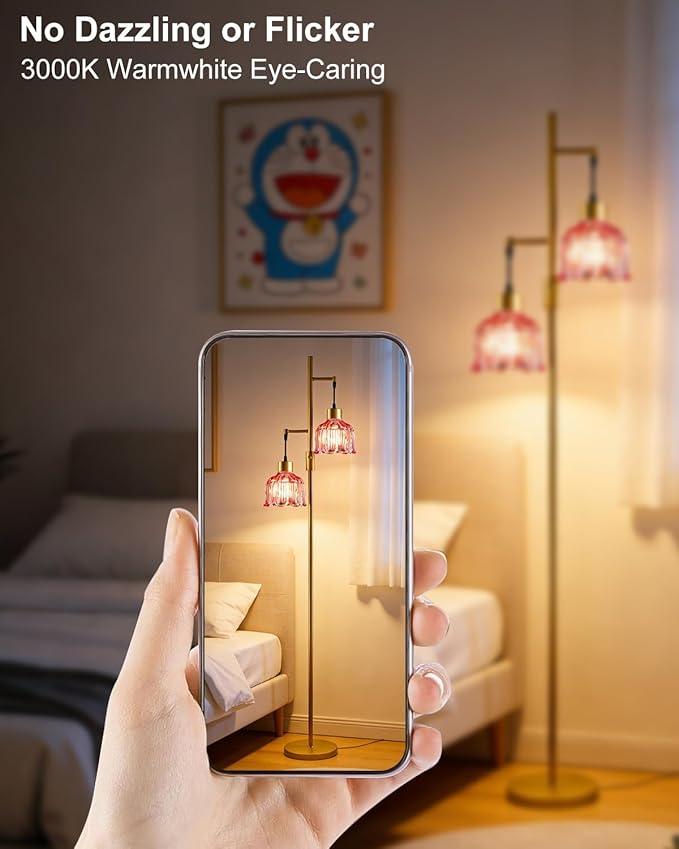Lightdot 2-Light Gold Flower Floor Lamp, 65IN Rose Red Glass Floor Lamp with 3000K Warm White Bulbs, Modern Standing Tall Lamp for Living Room Bedroom Home Office Corner Sofa Beside