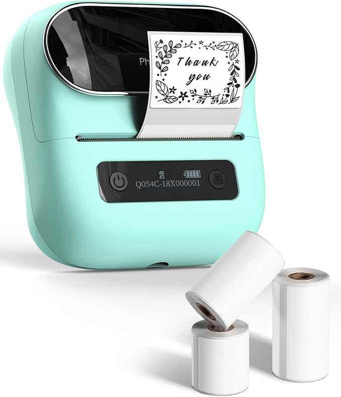 Phomemo M220 Label Maker Green & 1 Roll Transparent Thermal Label 1.96"x1.18"(50x30mm), Upgrade 3 Inch Barcode Portable Printer, for Office & Small Business, Compatible with Phones&PC