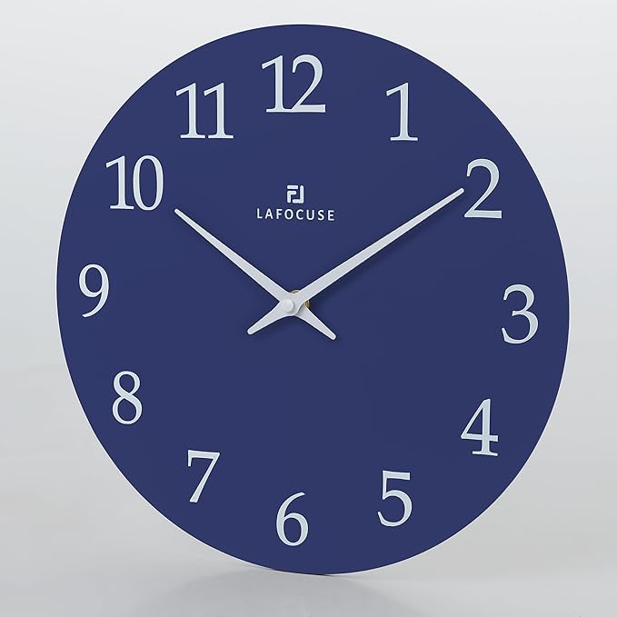 Lafocuse 12 Inch Wooden Navy Blue Wall Clock Battery Operated, Simple Minimalist Silent Kitchen Wall Clock for Living Room Decor Bedroom (Metal Hands)