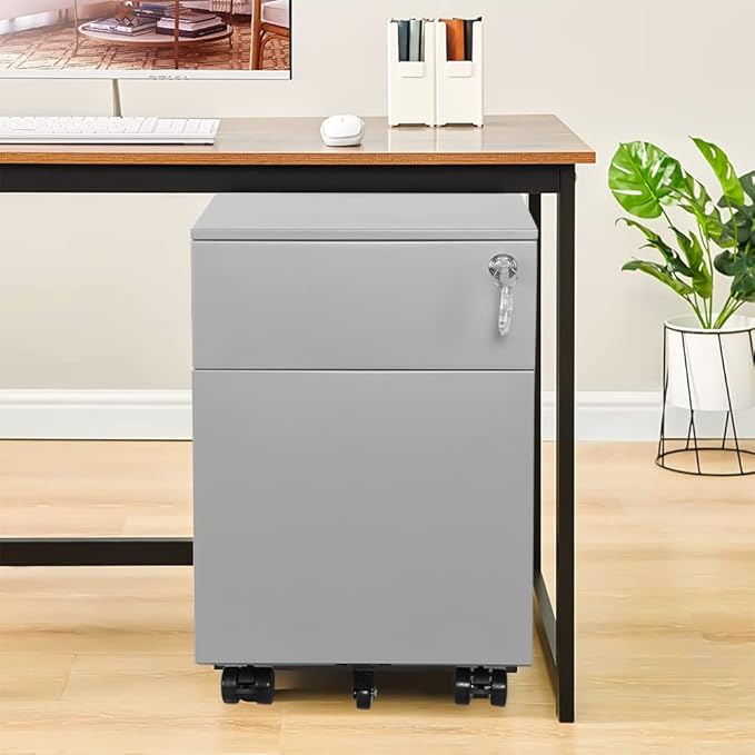 2 Drawer Mobile File Cabinet for Storage Under Desk in Home Office, Mobile File Cabinet, Metal File Cabinet with Lock, Legal/Letter /A4/F4 Size, Fully Assembled, Including Wheels, Grey