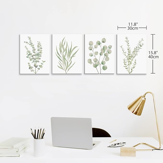 Erctoo Botanical Wall Art for Bathroom, Framed Canvas Office Wall Art 12”x16” Sage Green Plant Wall Decor for Bedroom, Light Green Boho Eucalyptus Leaf Sets of 4PCS