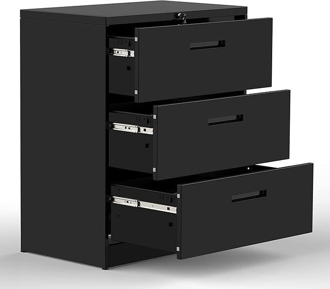 Lateral File Cabinet, 3 Drawers Metal Lockable Filing Cabinet for Commercial Grade Office Legal and Letter File (Black)