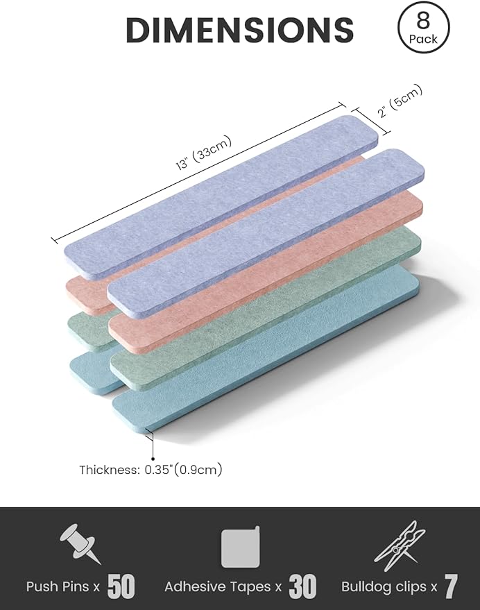 Cork Board Alternative Felt Strip Board 8-Pack 13"x2", Office Pin Board with 50 Push Pins, Adhesive Install for Bedroom Door & Home Office(Coastal Haze)
