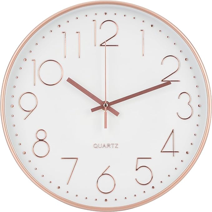 Wall Clock 12 Inch Non-Ticking Silent Modern Simple Style Round Decor Clock Rose Gold Stereoscopic Dial Quartz Wall Clocks for Home/Office/School/Living Room/Bedroom/Kitchen