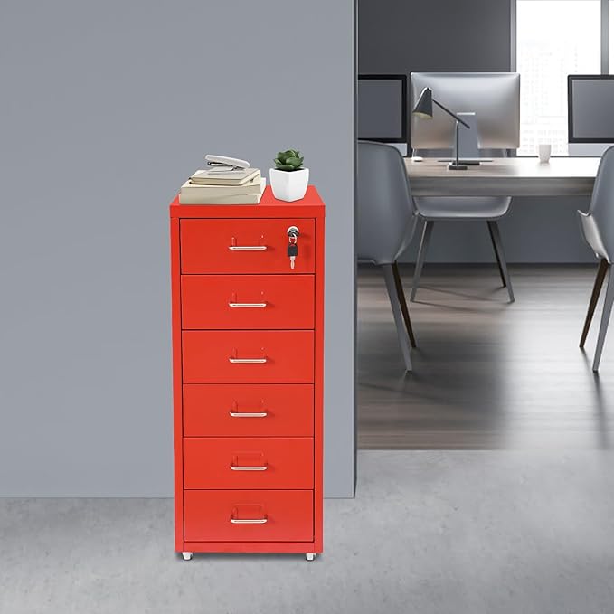 Vertical File Cabinets, 6 Tier Metal File Cabinet with Lock, Multi Drawer Cabinet for Home Office, Assembly Required (Red)