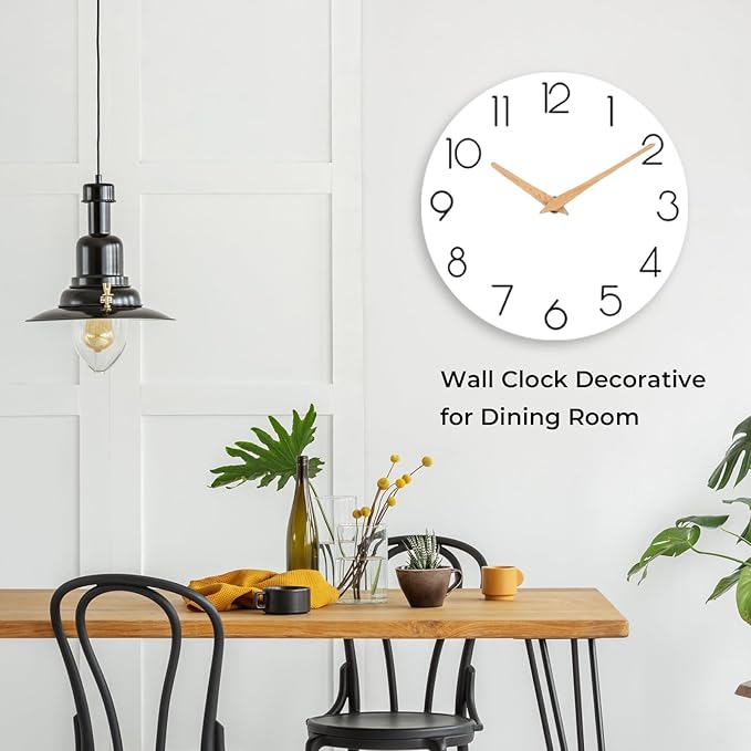 Wall Clock, 12 Inch Wooden Silent Non-Ticking, Decorative Battery Operated Wall Clocks for Bedroom, Kitchen, Home, Living Room, Office, School, Hotel (White)