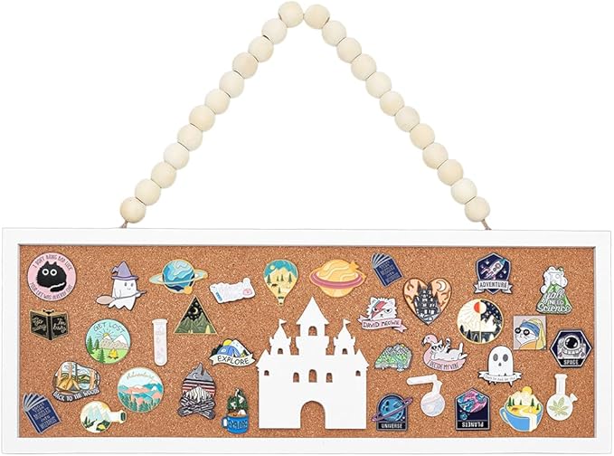 BENECREAT Rectangle Castle Pin Board Cork Board, 15x5 Inch Bulletin Display Board, Wall Mounted Cork Board for Brooch Pin Collection Display Office Home Bedrooms (White)