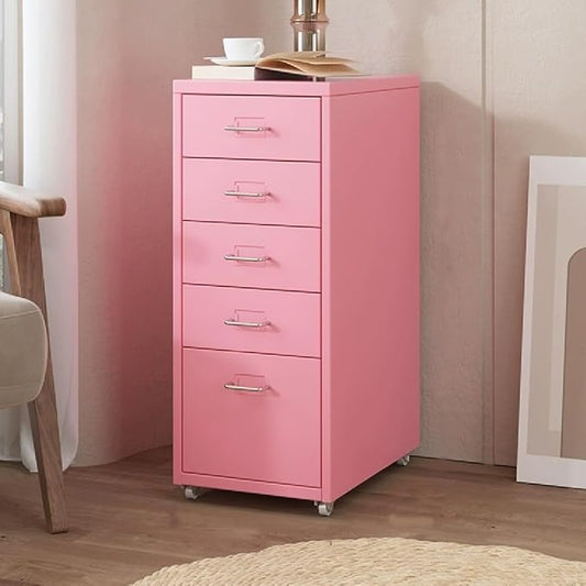 Metal Storage Cabinet with Wheels, 5 Drawers Mobile Filing Cabinet Under Desk Organizer Unit for Home Office