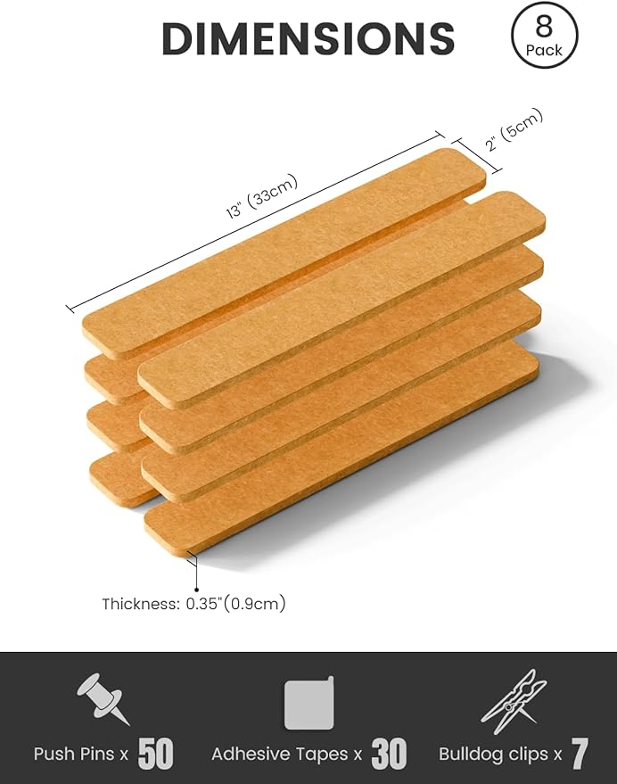 Fluxynara Cork Board Alternative Felt Strip Board 8-Pack 13"x2", Office Pin Board with 50 Push Pins, Adhesive Install for Bedroom Door & Home Office(Sunset Yellow)