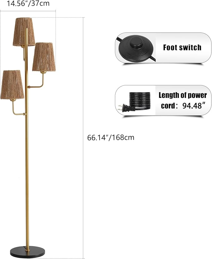 Boho Floor Lamp for Living Room:3 Light Rattan Floor Lamp for Bedroom, Gold Standing Lamp with Foot Switch, Coastal Rustic Tall Lamp, No Bulb