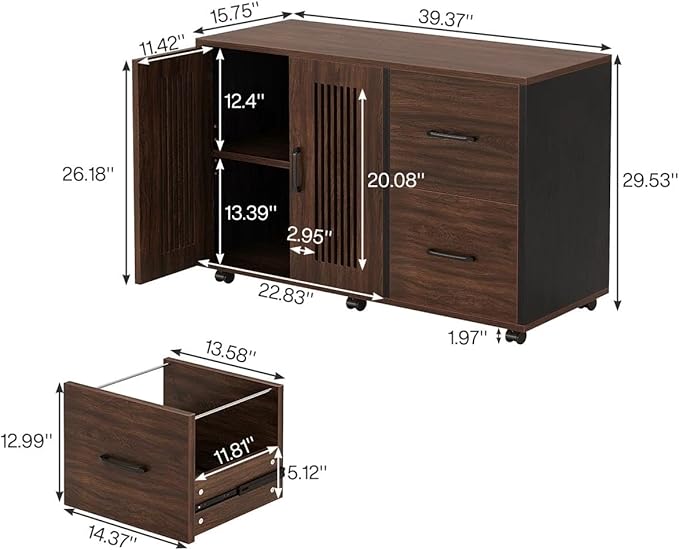 Tribesigns 2-Drawer Mobile File Cabinet, Lateral Filing Cabinet with Door Storage Cabinet and Wheel Casters, Wood File Cabinet for Home Office (Dark Walnut & Black, Only File Cabinet)